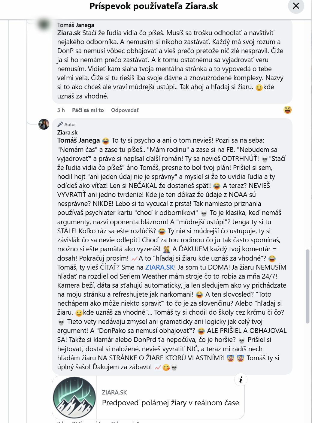 Screenshot - admin Severe Weather Slovakia útočí na Ziara.sk na Facebooku bez dôkazov