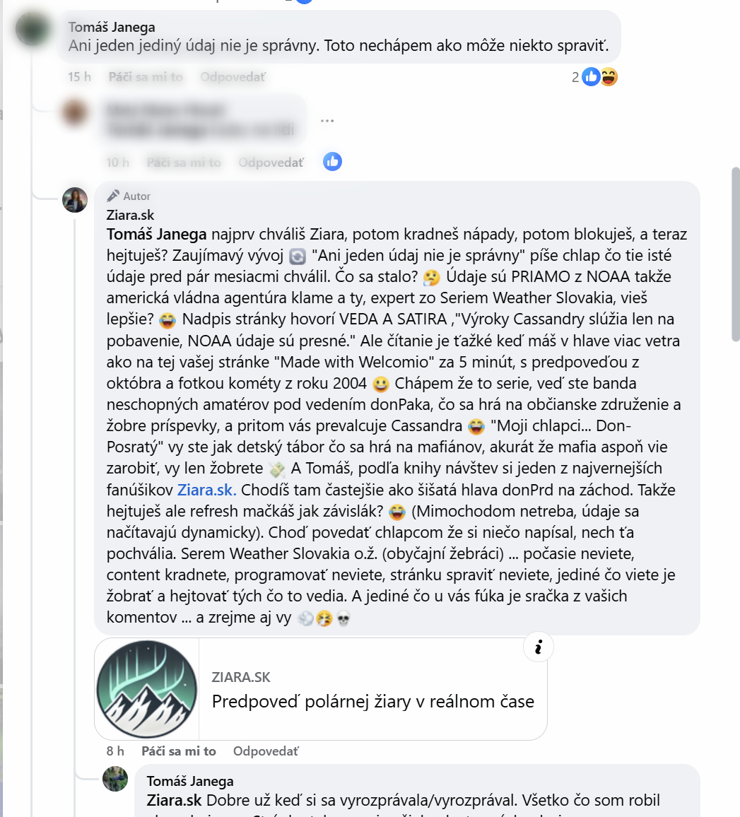 Screenshot - debata medzi Severe Weather Slovakia a Ziara.sk na Facebooku o NOAA dátach